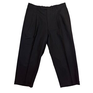 Corbin Mens Pinstripe Pleated Dress Pants Black Wool Cuffed Trousers 37R 37x32